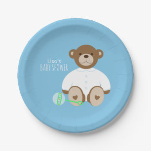 Teddy Bear Baby Shower Paper Plate - on blue