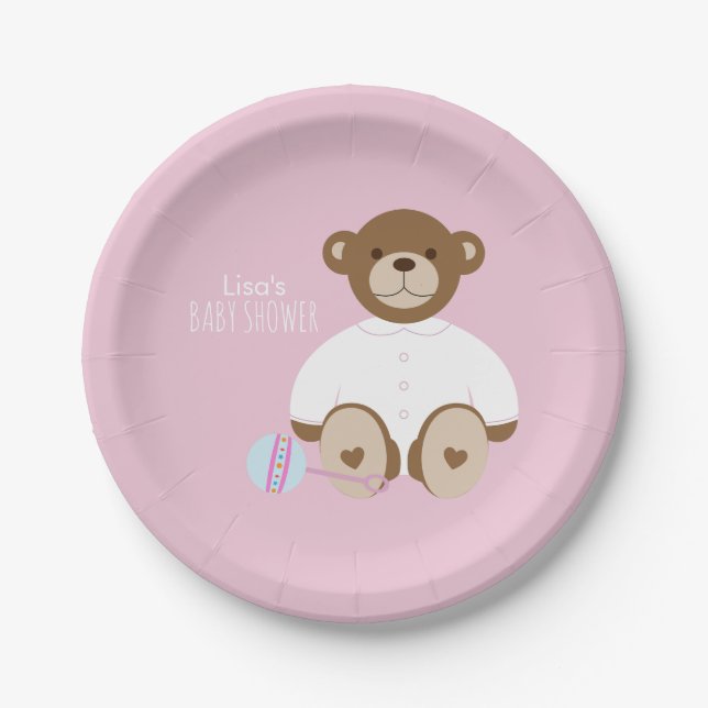 Teddy Bear Baby Shower Paper Plate - on pink (Front)
