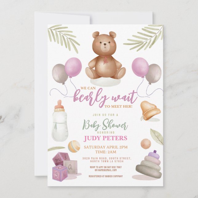 Teddy Bear Baby Shower Pink Girl Barely Wait Invitation (Front)