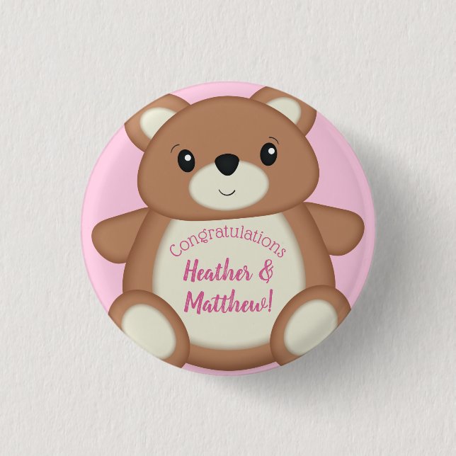 Teddy Bear Baby Shower Pink Girl Button (Front)