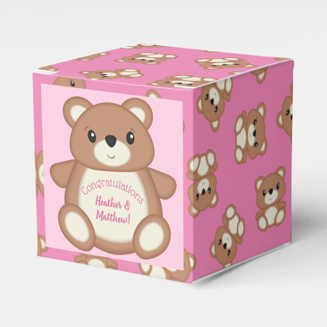 Teddy Bear Baby Shower Pink Girl Favor Boxes (Front Side)