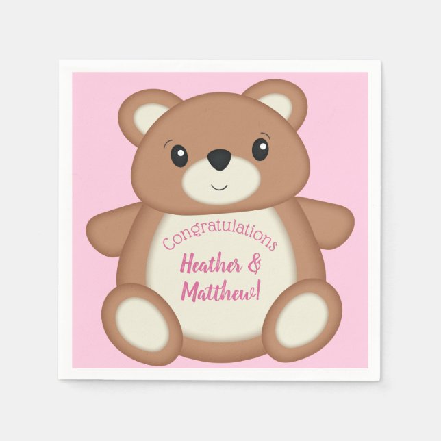 Teddy Bear Baby Shower Pink Girl Napkins (Front)