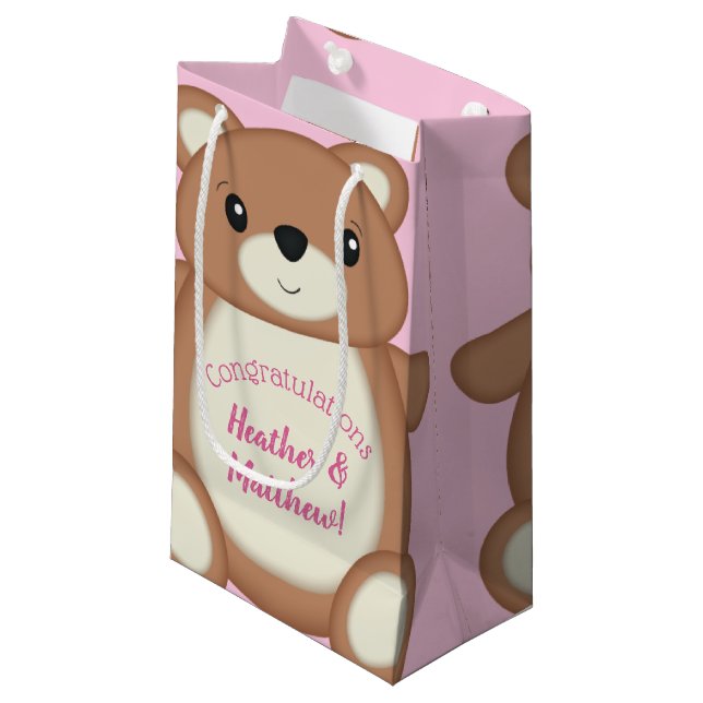 Teddy Bear Baby Shower Pink Girl Small Gift Bag (Front Angled)