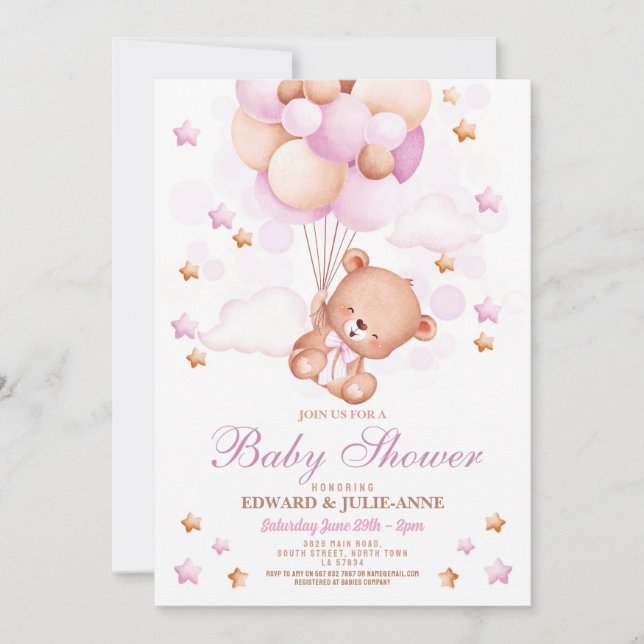 Teddy Bear Baby Shower Pink Girls Party Invitation (Front)
