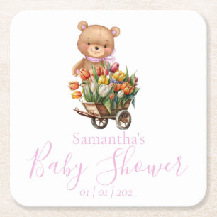 Teddy Bear Baby Shower pink rustic floral Square Paper Coaster