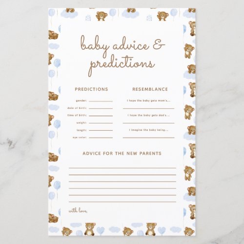 Teddy Bear Baby Shower Predictions  Advice Card