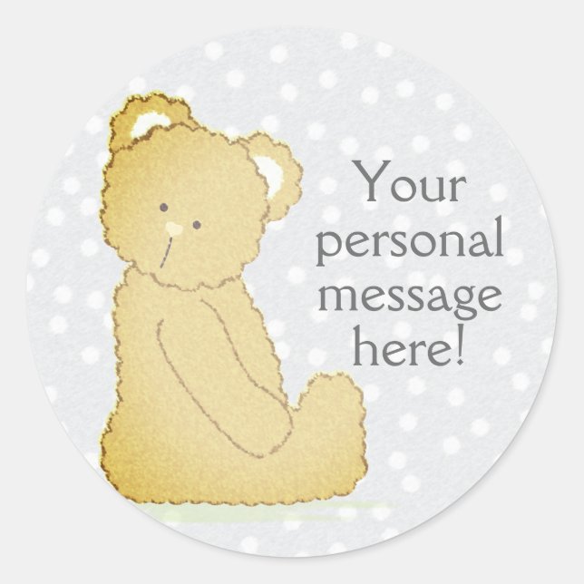 Teddy Bear Baby Shower Round Sticker gray & brown (Front)