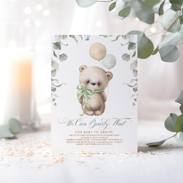 Teddy Bear Baby Shower Sage Green and Brown Invitation