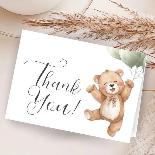 Teddy Bear Baby Shower Sage Green Folded Thank You Card (Creator Uploaded)
