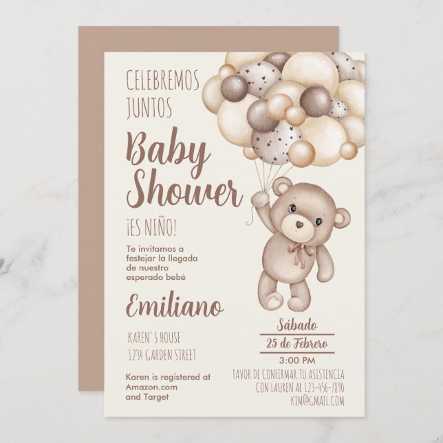 Teddy Bear Baby Shower Spanish Invitation (Front/Back)
