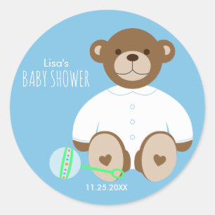 Teddy Bear Baby Shower Sticker, blue background Classic Round Sticker