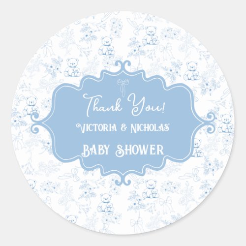 Teddy Bear Baby Shower Toile Blue Thank You Classic Round Sticker