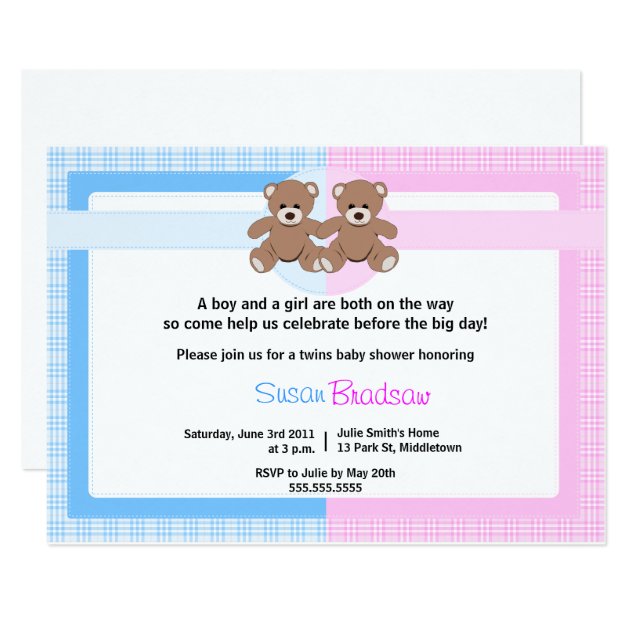 Teddy Bear Baby Shower - Twin Boy And Girl Invitation