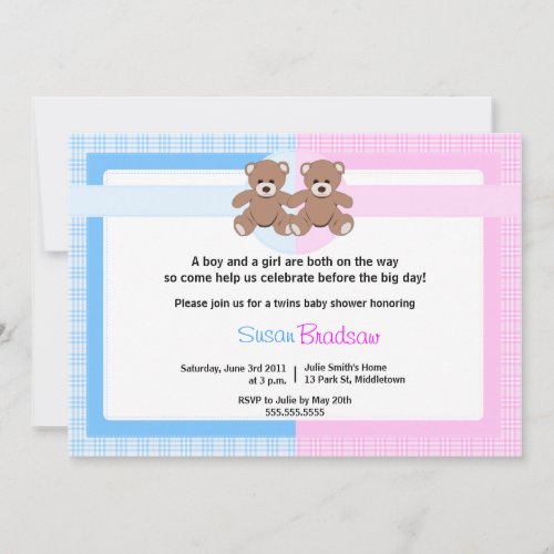 Teddy Bear Baby Shower - Twin Boy and Girl Invite