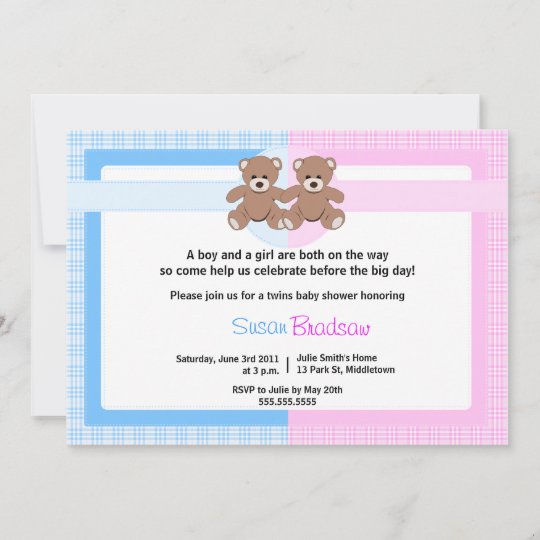 Teddy Bear Baby Shower Twin Boy And Girl Invitation Zazzle Com