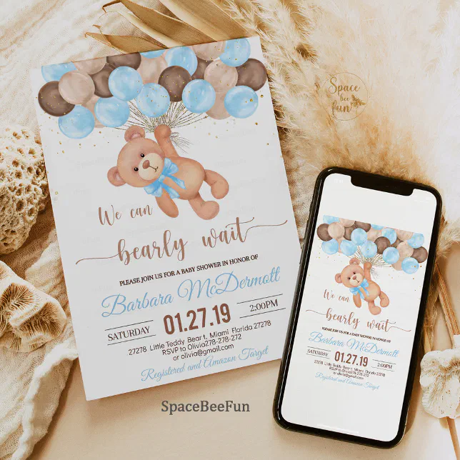 Teddy Bear Baby Shower We can bearly wait Invitation | Zazzle