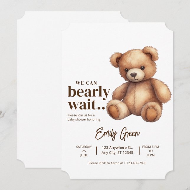 Teddy Bear Baby Shower We Can Bearly Wait minimal (Front/Back)