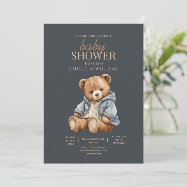 Teddy Bear Baby Shower We Can Bearly Wait Minimal Invitation (Standing Front)