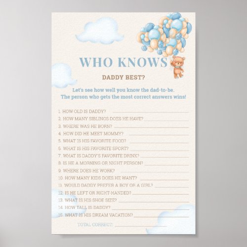 Teddy Bear Baby Shower Who Knows Daddy Best Game Poster