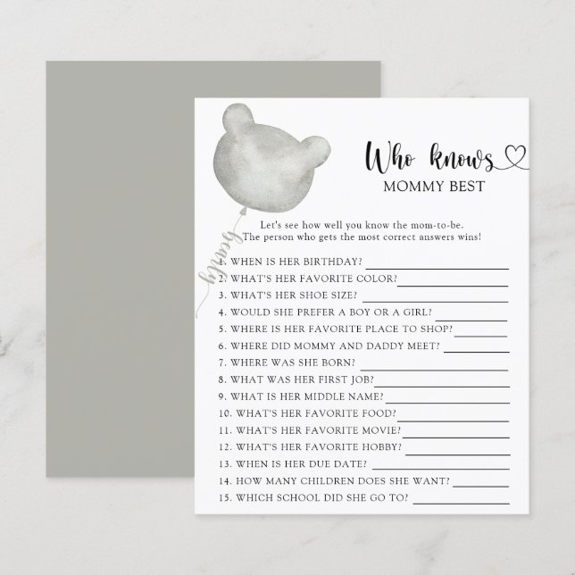 Teddy Bear baby shower, Who knows mommy best (Front/Back)