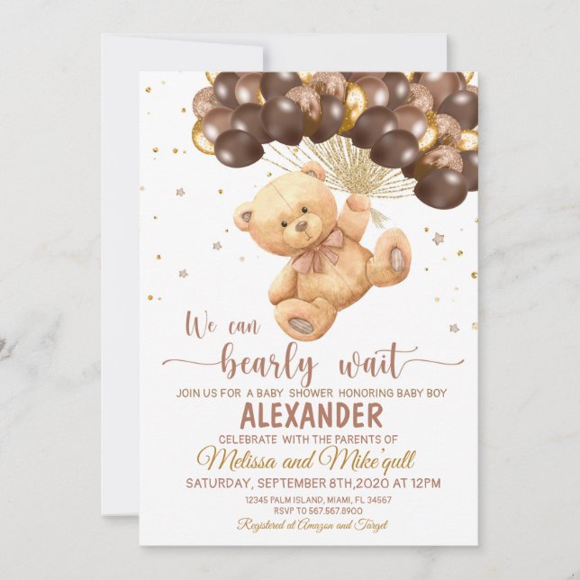 Teddy Bear Baby shower with Balloons Teddy Bear Invitation (Front)