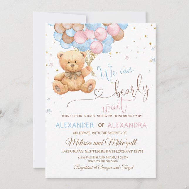 Teddy Bear Baby shower with Balloons Teddy Bear Invitation (Front)