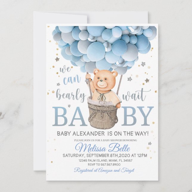 Teddy Bear Baby shower with Balloons Teddy Bear  Invitation (Front)