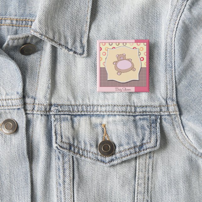 Teddy Bear Baby Shower with Retro Circles  Button (Creator Uploaded)