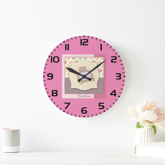 Teddy Bear Baby Shower with Retro Circles  Large Clock (Creator Uploaded)