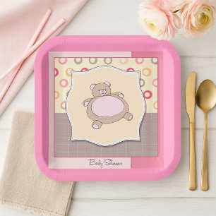 Teddy Bear Baby Shower with Retro Circles Paper Plates