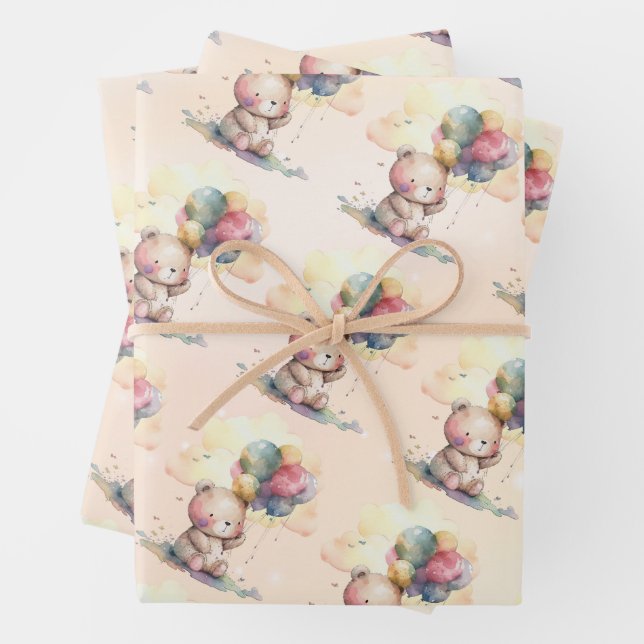 Teddy Bear Baby Shower Wrapping Paper Sheets (In situ)