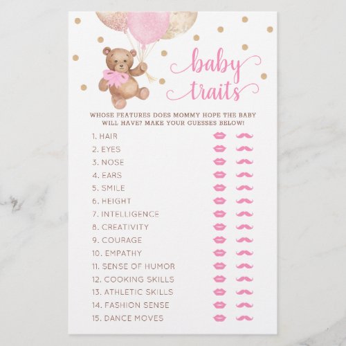 Teddy Bear Baby Traits Game Baby Shower 