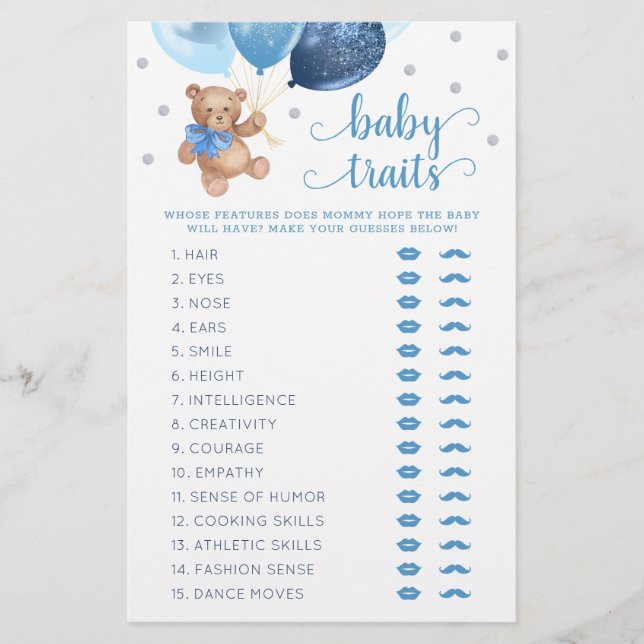 Teddy Bear Baby Traits Game Baby Shower (Front)