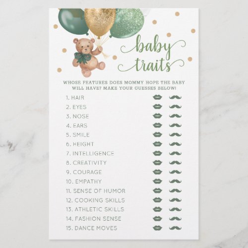 Teddy Bear Baby Traits Game Baby Shower