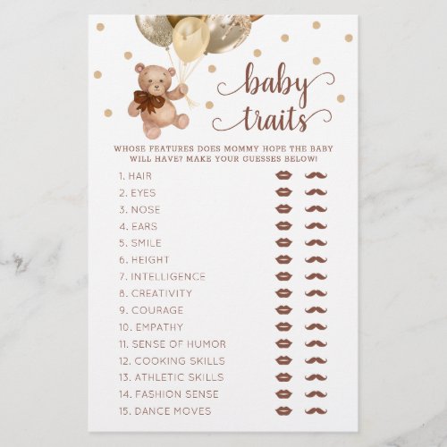 Teddy Bear Baby Traits Game Baby Shower