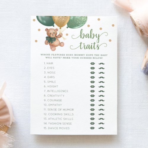 Teddy Bear Baby Traits Game Baby Shower Card