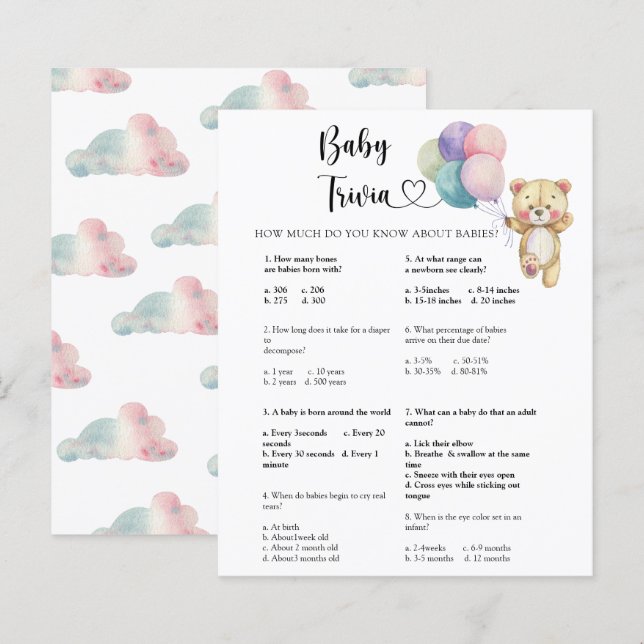 Teddy bear - Baby Trivia | Baby Shower Game (Front/Back)