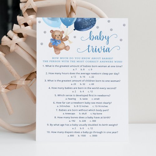 Teddy Bear Baby Trivia Baby Shower Game Card