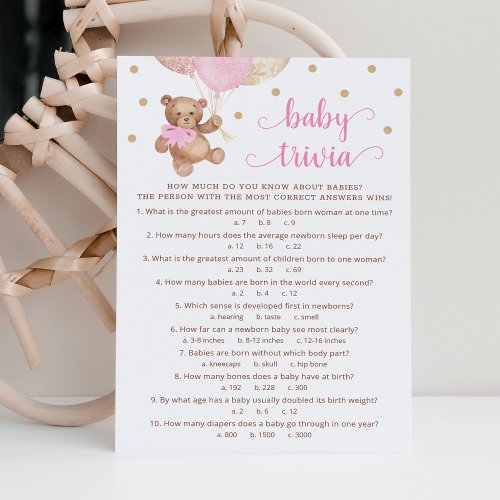 Teddy Bear Baby Trivia Baby Shower Game Card