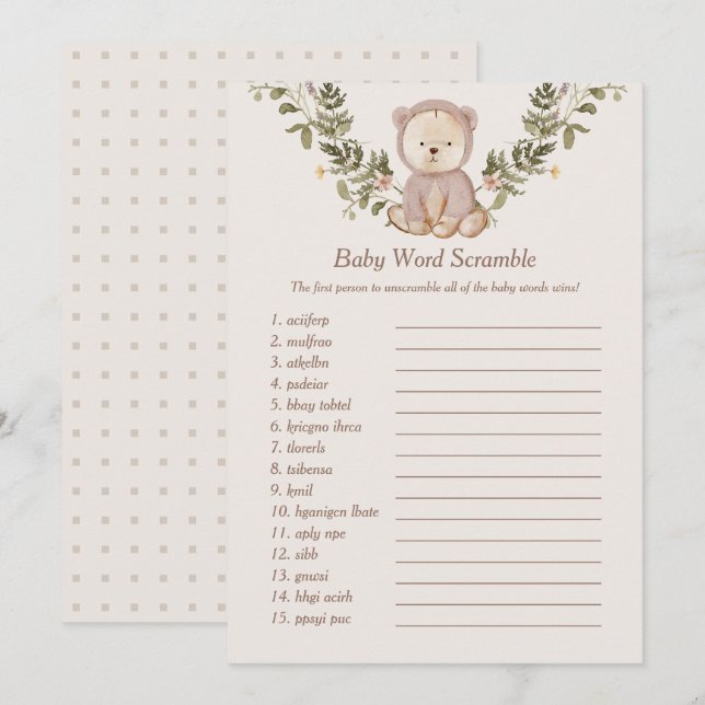 Teddy Bear Baby Word Scramble Game Template (Front/Back)