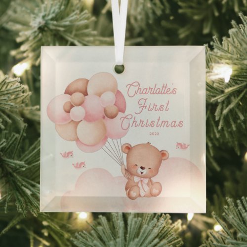 Teddy Bear Babys First Christmas Glass Ornament