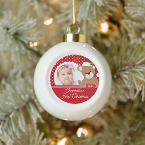 Teddy Bear Babys First Christmas Photo Ceramic Ball Christmas Ornament