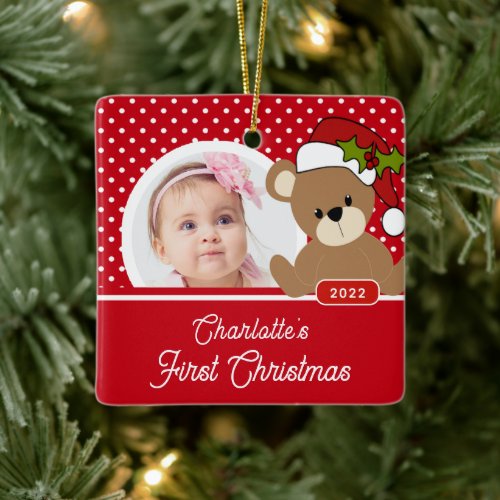 Teddy Bear Babys First Christmas Photo  Ceramic Ornament