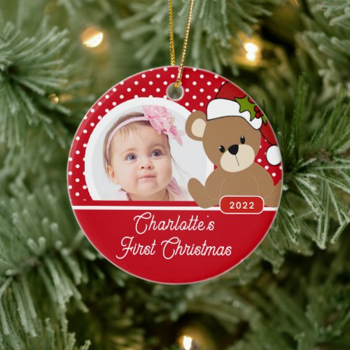 Teddy Bear Babys First Christmas Photo Ceramic Ornament