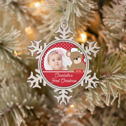 Teddy Bear Babys First Christmas  Snowflake Pewter Christmas Ornament