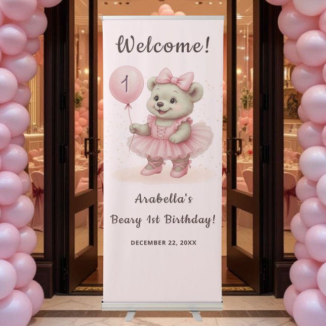 Teddy Bear Ballerina 1st Birthday Welcome  Retractable Banner (Creator Uploaded)