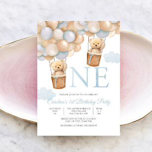 Teddy Bear Balloon 1st Birthday Invitation
