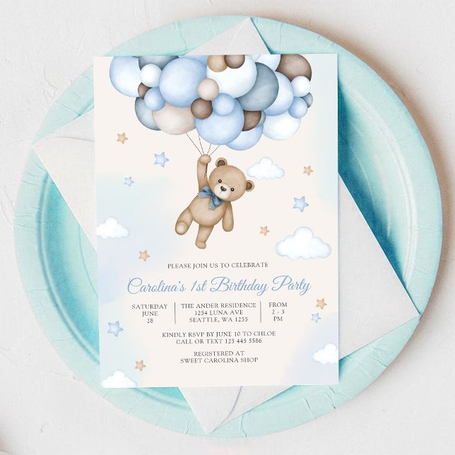 Teddy Bear Balloon 1st Birthday Invitation (Creator Uploaded)