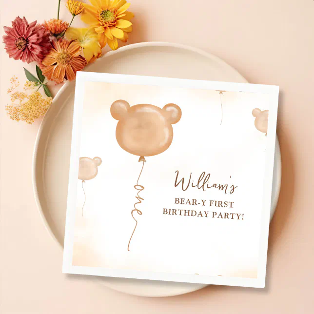 Teddy Bear Balloon 1st Birthday Party Napkins | Zazzle