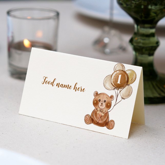 Teddy Bear Balloon 1st Birthday Tent Place Card (Creator Uploaded)